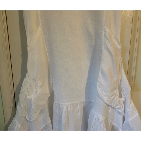 TEMPO PARIS Off White 100% Linen Artsy Dress Rauched Skirt Asymetrical Hem SZ M - Picture 12 of 16